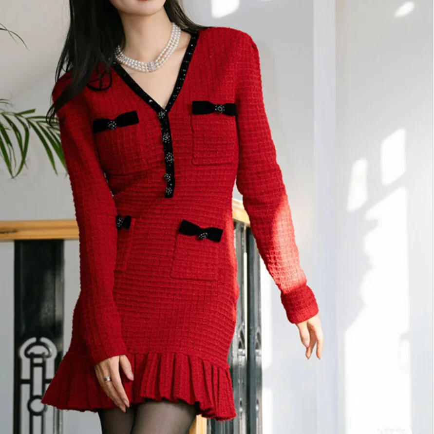 

EFATZP Red Bow Knitting Mini Dress Women's 2024 New Spring Long Sleeve Small Fragrant Slim Elegant Dresses