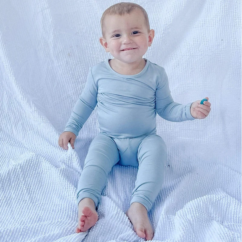 2024 Bamboo Fiber Toddler Kids Pajamas Clothes Solid Hight Elasticity Breathable Sleepwear Set For 9M-7T Boy Girl Loungewear