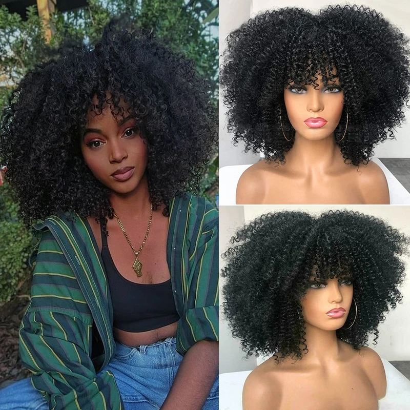 

Short Hair Afro Kinky Curly Wig with Bangs Blonde Mixed Brown Afro Curly Wig for Black Women Synthetic Natural Curly African Wig