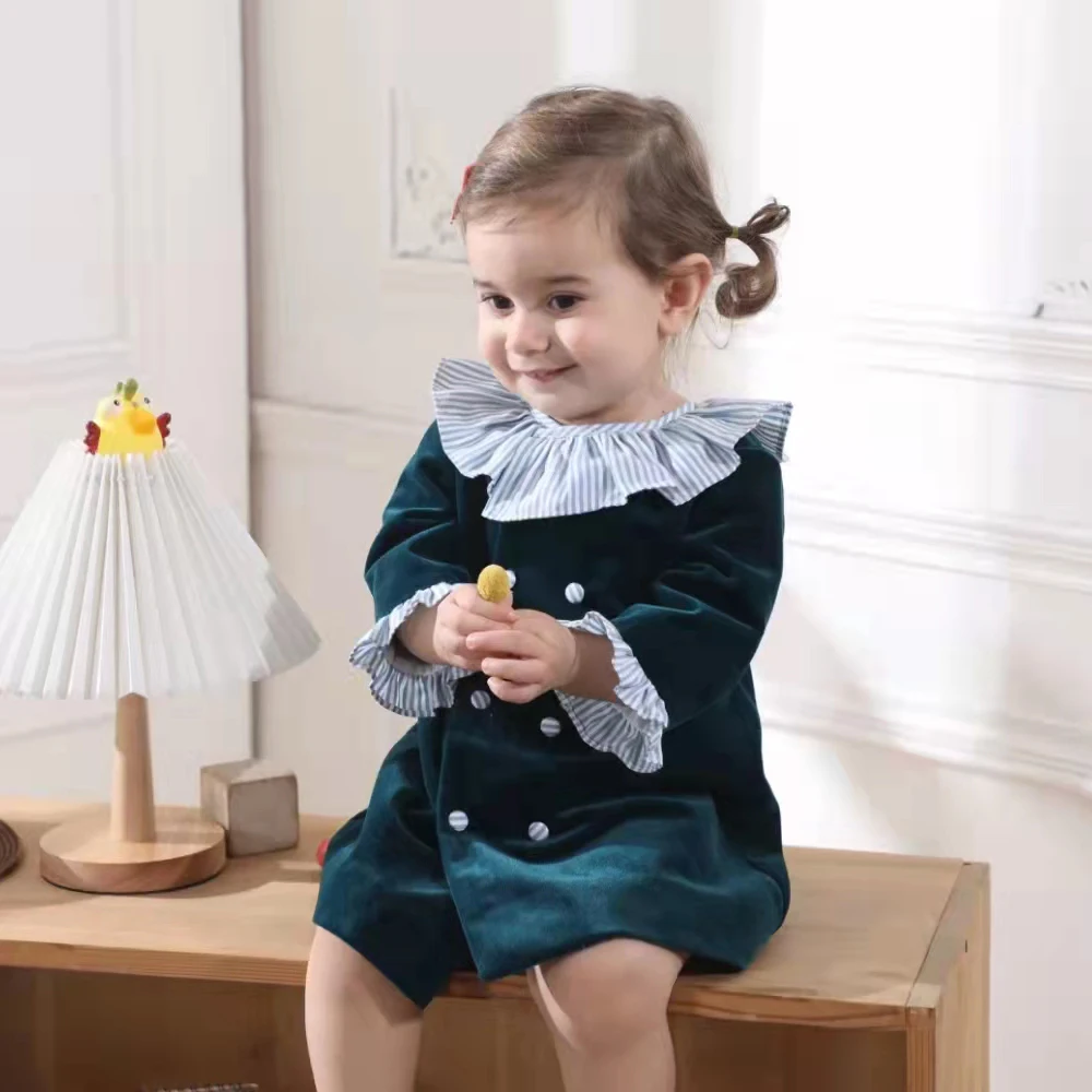 Children Boutique Spanish Clothing Girls Green Velvet Half Sleeve