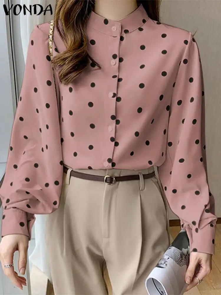 

VONDA Women Office Shirts Elegant Long Sleeve Dot Point Tops Streetwear Blouse 2023 Autumn Stand Collar Casual Buttons Tunic