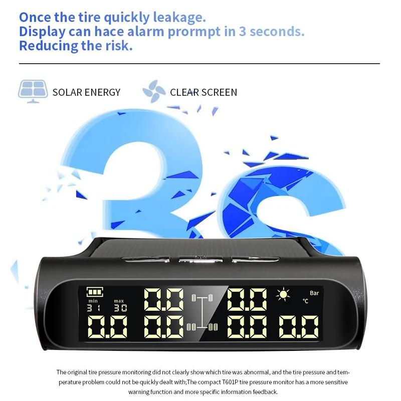 Car Tire Pressure Monitor Car Tire Pressure Sensor Solar TPMS 6 External Sensors Tire Pressure And Temperature Display Security Alarm Support Cars RVs Pickups Maximum 8Bar