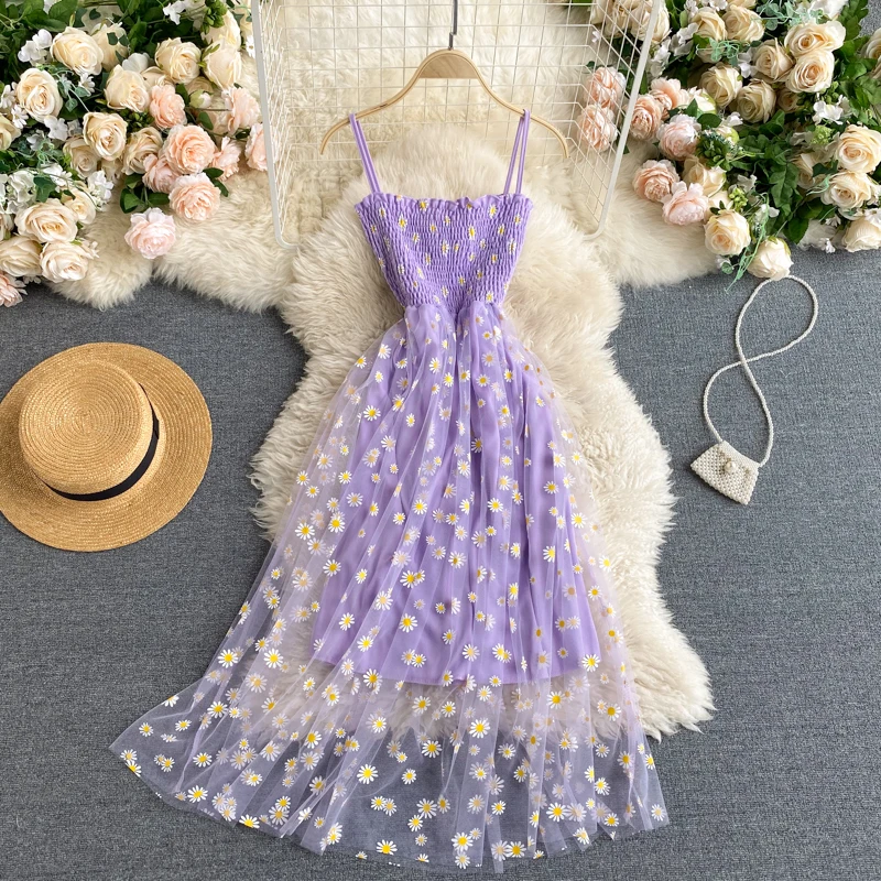 

Temperamental Gentle Style First Love Dress Scheming Mesh Embroidered Chrysanthemum Stitching Holiday Trip Shoot Skirt
