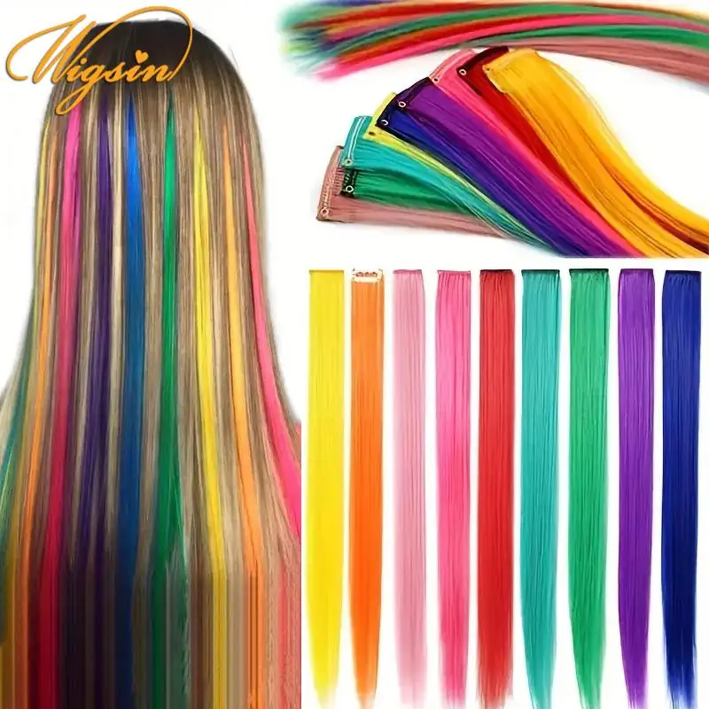 Synthetic Party Highlights Clip in Hair Extensions 10PCS/Pack For Girls Long Straight Hairpieces