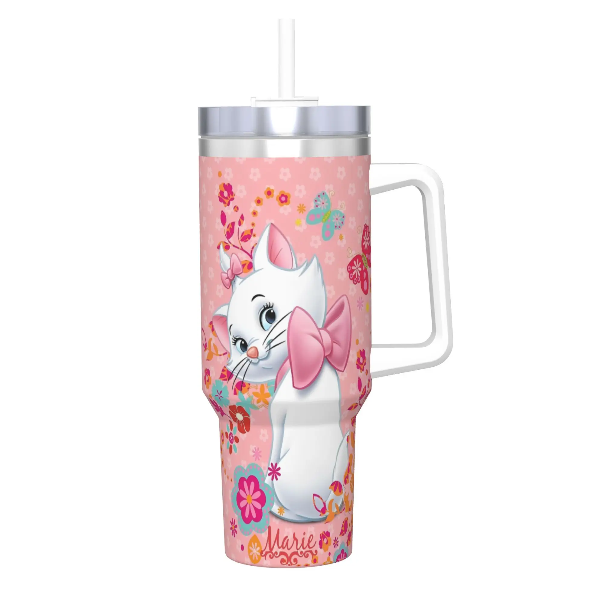 Stainless Steel Aristocats Marie Cat Tumbler with Straw - Large Capacity Thermal Mug