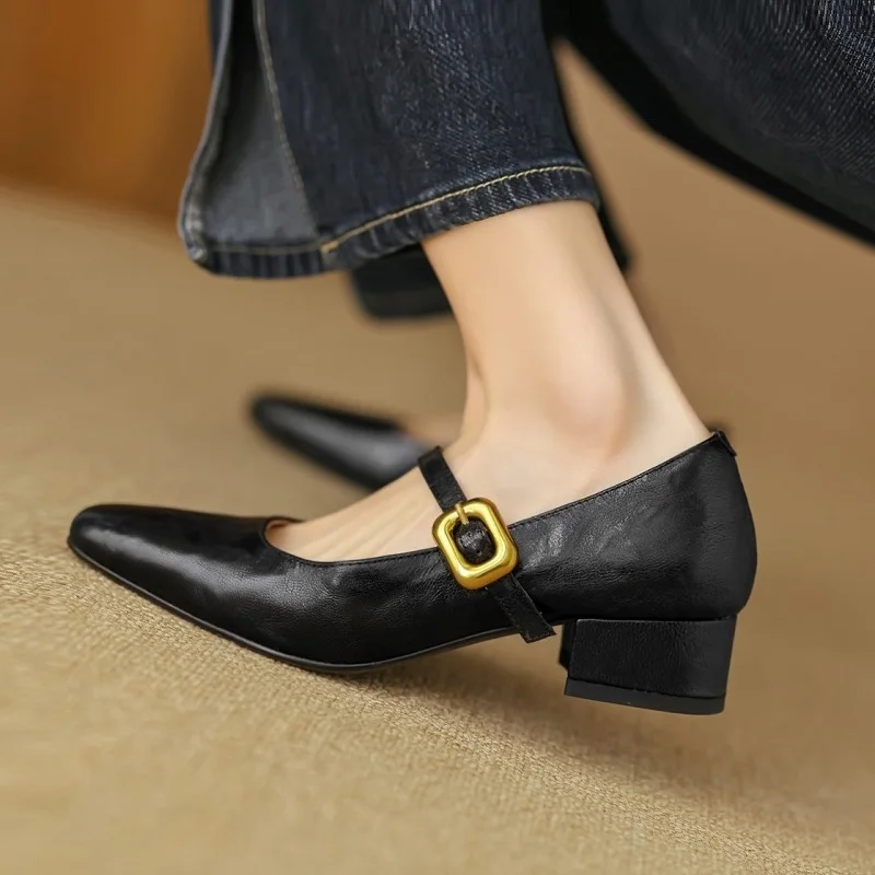 

Sheepskin Pumps Retro Cozy Thick Heels Spring Autumn Buckle Pumps Korea Style Women's 2024 Shoes French Simple Shoes On Heel CM