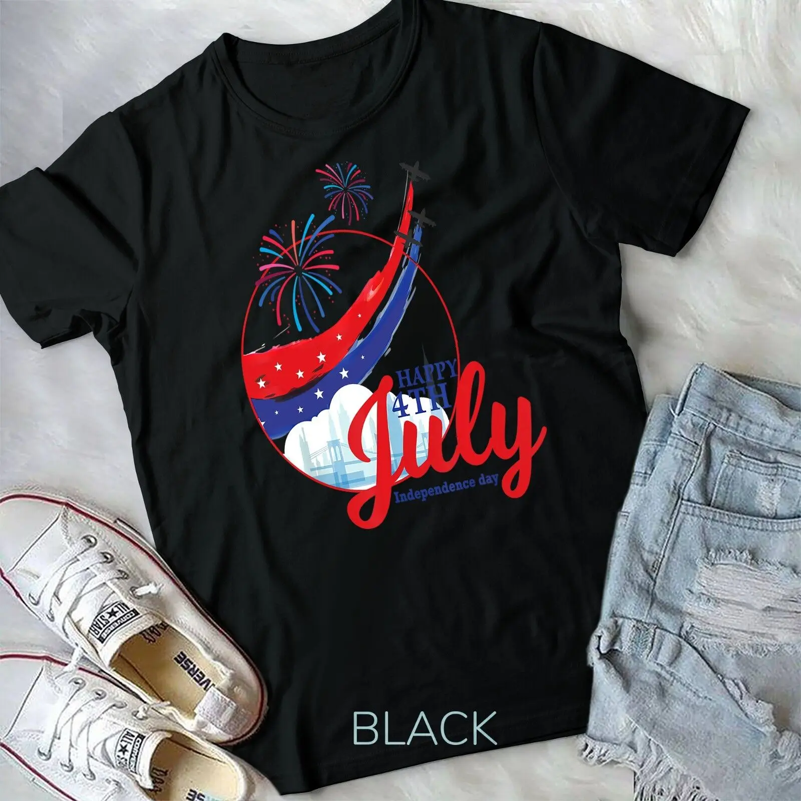 Happy 4Th Of July American Flag Fuochi D'Artificio Abiti Patriottici T-Shirt Unisex