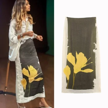 Fashion Women Printed Daily Skirt Effect Office Appointment Midi Skirt High Waist Commute Suitable Slim Fit Long Skirt 1