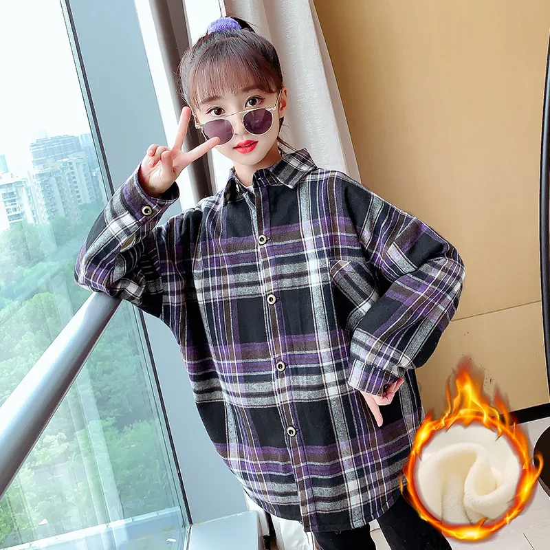 우아한 어린이 겨울 체크무늬 보온 블라우스 소녀용 클래식 스타일 보온 셔츠 청소년 아동 학교용 따뜻한 옷 4-13세