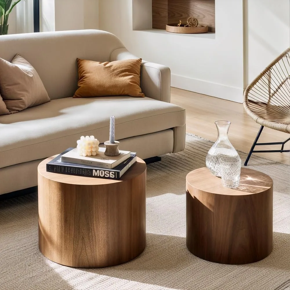 Nesting Coffee Table Set of 2, Modern Round Coffee Table with Non-Slip Feet, Walnut Wooden Circle Accent Tables for Small Spaces 5