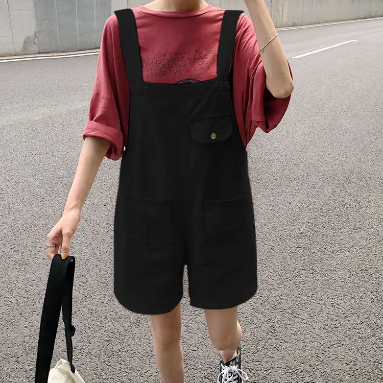 Braces Pants New Korean Version Of Denim Bib Female Summer Students Loose Plus Size Wide-Leg Pants Age-Reducing Siamese Shorts