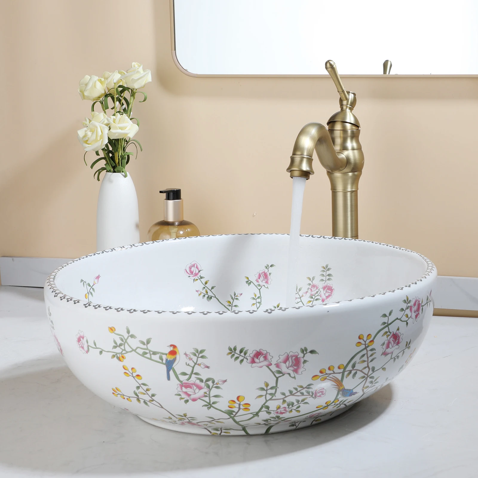KEMAIDI Bathroom Ceramic Vessel Sinks White Round Porcelain Vessel Sink Counter Top Flower Bird Pattern Bowl Sinks for Bathrooms 3