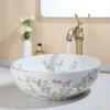 KEMAIDI Bathroom Ceramic Vessel Sinks White Round Porcelain Vessel Sink Counter Top Flower Bird Pattern Bowl Sinks for Bathrooms 3
