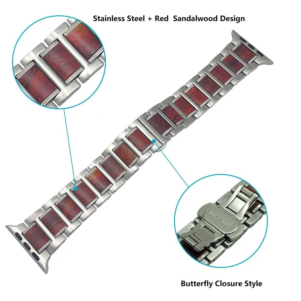 Wooden Red Sandalwood Strap for Apple Watch Ultra 8 7 49mm 45mm 41mm Stainless Steel Link Bracelet iWatch 6 5 4 SE 44mm 40mm