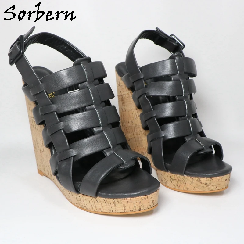 Sorbern Black Matte Wedge Sandals For Women Multi Straps Slingback Cork Platform Summer Shoes Multi Colors