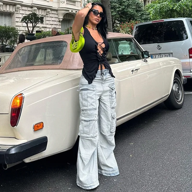 

Combhasaki Women Y2K Baggy Cargo Sweatpants Solid Color Wide Leg Denim Joggers Pants Casual Trousers with Pockets for Streetwear