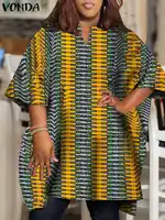 Plus Size VONDA Summer Tops Women 2024 Short Sleeve Printed Bohemian Vintage Blouses Fashion V-Neck Casual Loose Shirts Oversize - Image 3