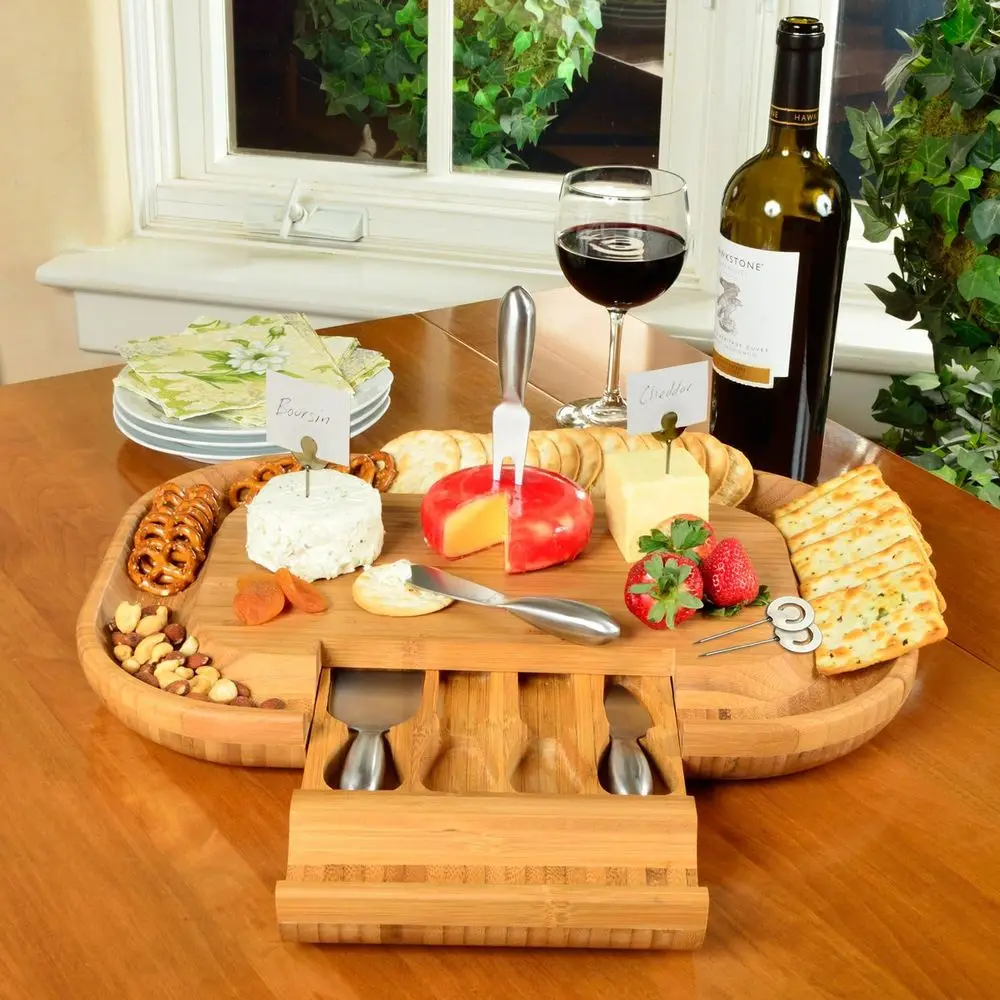 USA-Designed Bamboo Cheese & Charcuterie Board with Knife Set and Cheese Markers