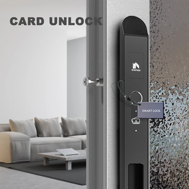 WINFREE SMART Fingerprint Card Key Aluminium Slim Narrow Profile Sliding Door Lock by Google Assistant or Alexa Voice Control 4