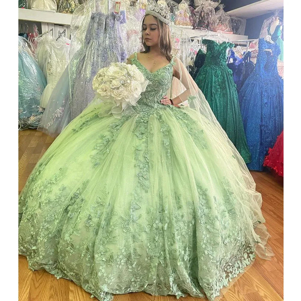 

Mint Green Glitter 15 Year Old Quinceanera Dresses With Cape Pocket Off Shoulder Butterfly Lace Floor Length Teens Girls