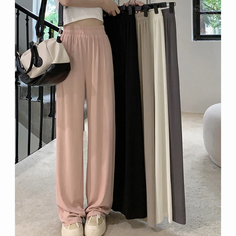 

New Pure Color Wide Leg Pants Black Simple Full Length Loose Knitted Women's Trousers Casual Fashion Female Clothing