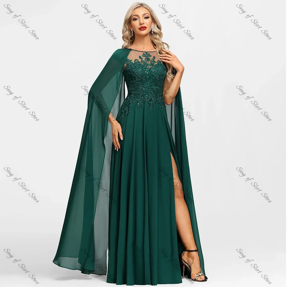O-Neck A-Line Emerald Mother of the Bride Dresses Side Slit Lace Appliques Sequined Chiffon for Wedding Guest Prom Gowns Mom mother bride dresses