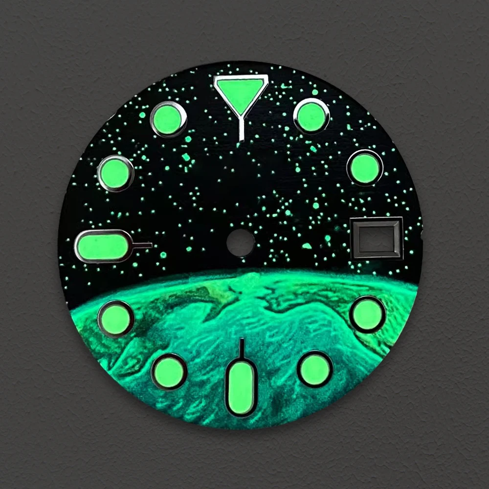 28.5mm S Logo Starry Earth Dial Suitable For NH35 Automatic Movement C3 Green Luminous Watch Modification Accessories