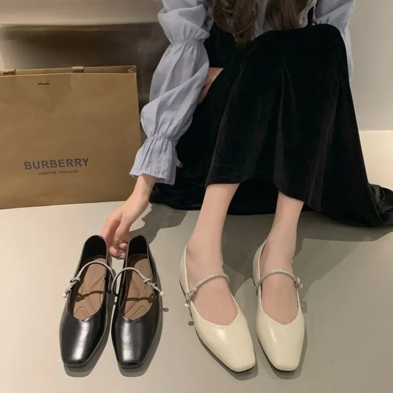 2024 NEW Comfort Spring Flattie Square Toe Ballet Shoes Fashion Low Heel Shoes Silver Shallow Buckle Soft Sole Shoes Size 35-40