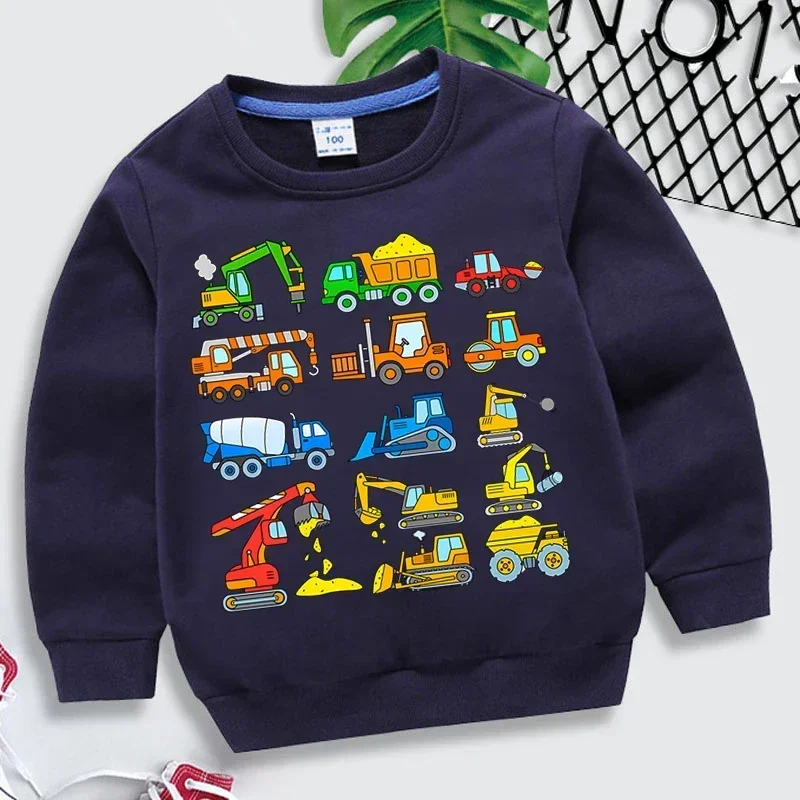 Kids Sweatshirts Excavator Print Hoodies Boys Girls Cartoon Waterwheel & Bulldozer Sweatshirts Children Clothing