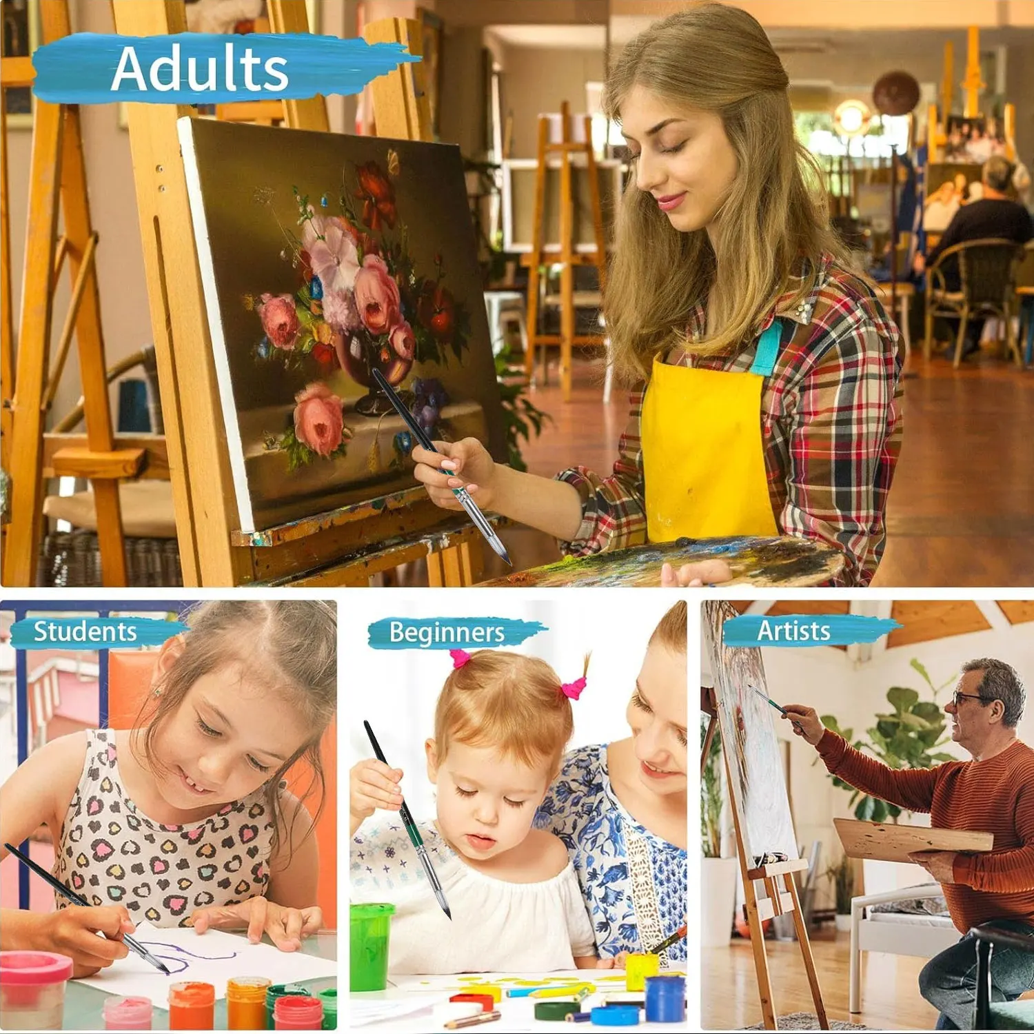 6개입 원형 수채화 붓 세트 나일론 헤어로 수채화, 아크릴, 잉크, 구아슈, 유화 및 템페라에 사용 가능, 예술가들에게 좋은 선물