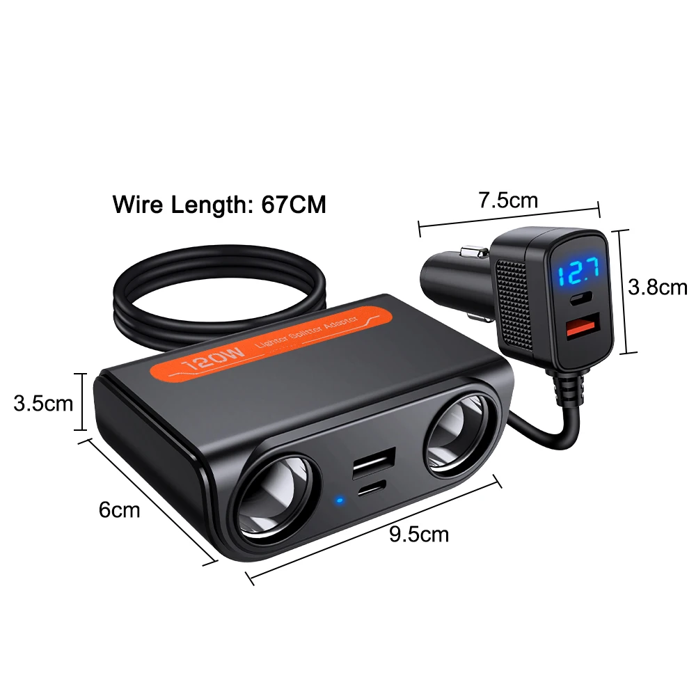 Car Cigarette Lighter Adapter USB PD Power Socket with LED Voltmeter Car Cigarette Splitter 120W 12-24V Auto Accessories