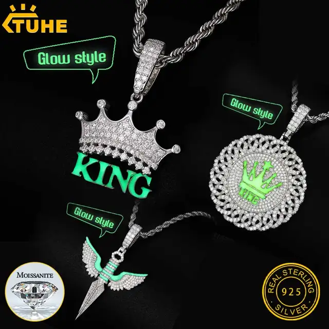 Classic Luminous Style Personalized Pendant Necklace Silver 925 Moissanite Pendant Necklace Rope Chain Men Hip Hop Jewelry 2