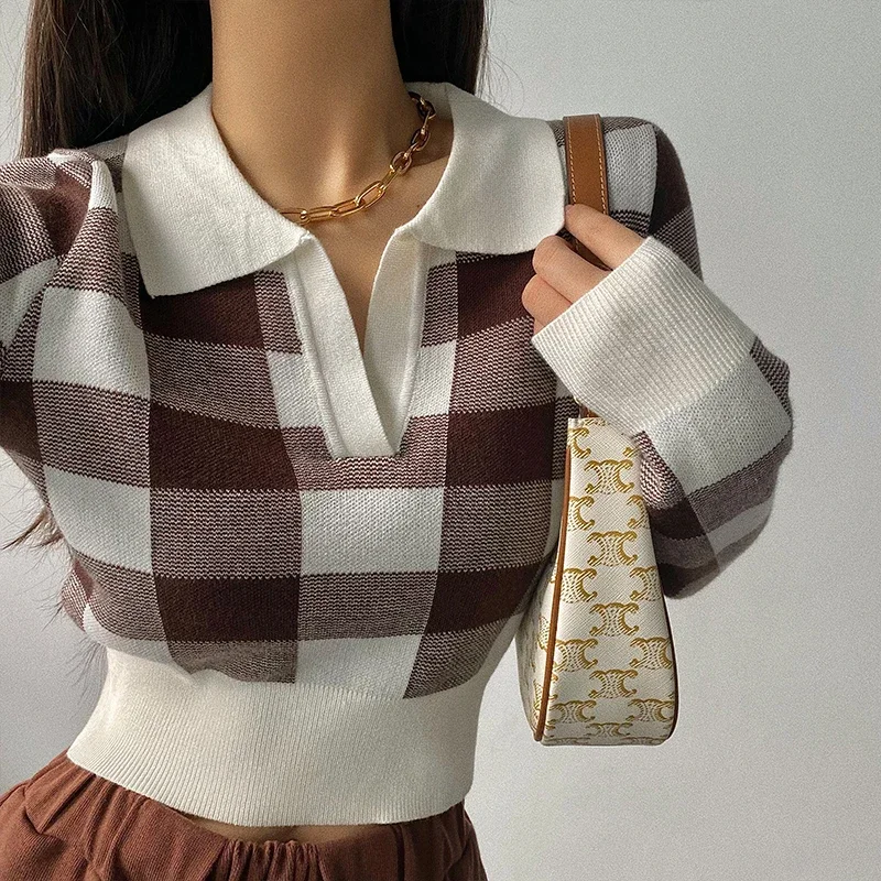 

Autumn Winter Vintage Knitwear Crop Tops Women Pullover Sweaters Fashion Female Long Sleeve Elastic Casual Plaid Knitted Shirts