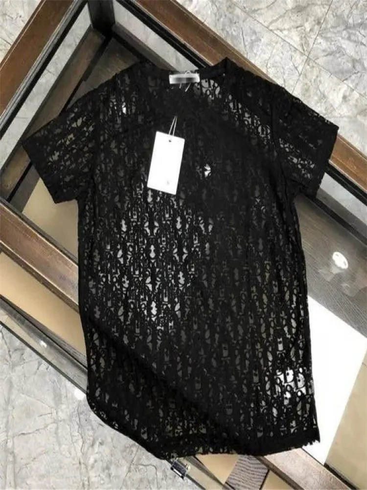 

2024 Transparent Top Tulle Lace Men's Ice Silk Men's T-Shirt Nylon Hollow Breathable Trend T-Shirt Mesh T-Shirt 045