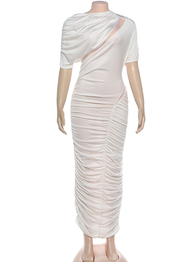 Nibber Ruched Long Dress Woman Irregular Hollow Design o-Neck Short Sleeve Slim High Waist Midnight Prom Party Elegant Vestidos