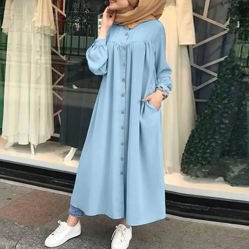 New Women's Muslim Abaya Robes Spring Autumn Ladies Long Sleeve Round Collar Maxi Dress with Pocket Commuter Casual Shirt Dress