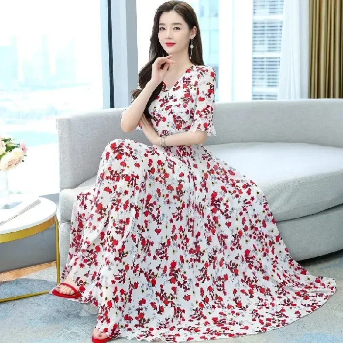 فستان أنيق برقبة على شكل حرف V وأكمام جرس وشد الخص...