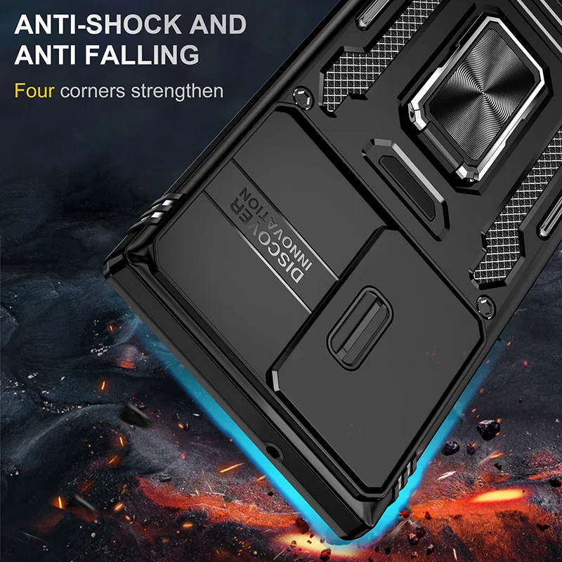 Rotating Slide Camera Lens Military Grade Armor Case with Ring Stand
