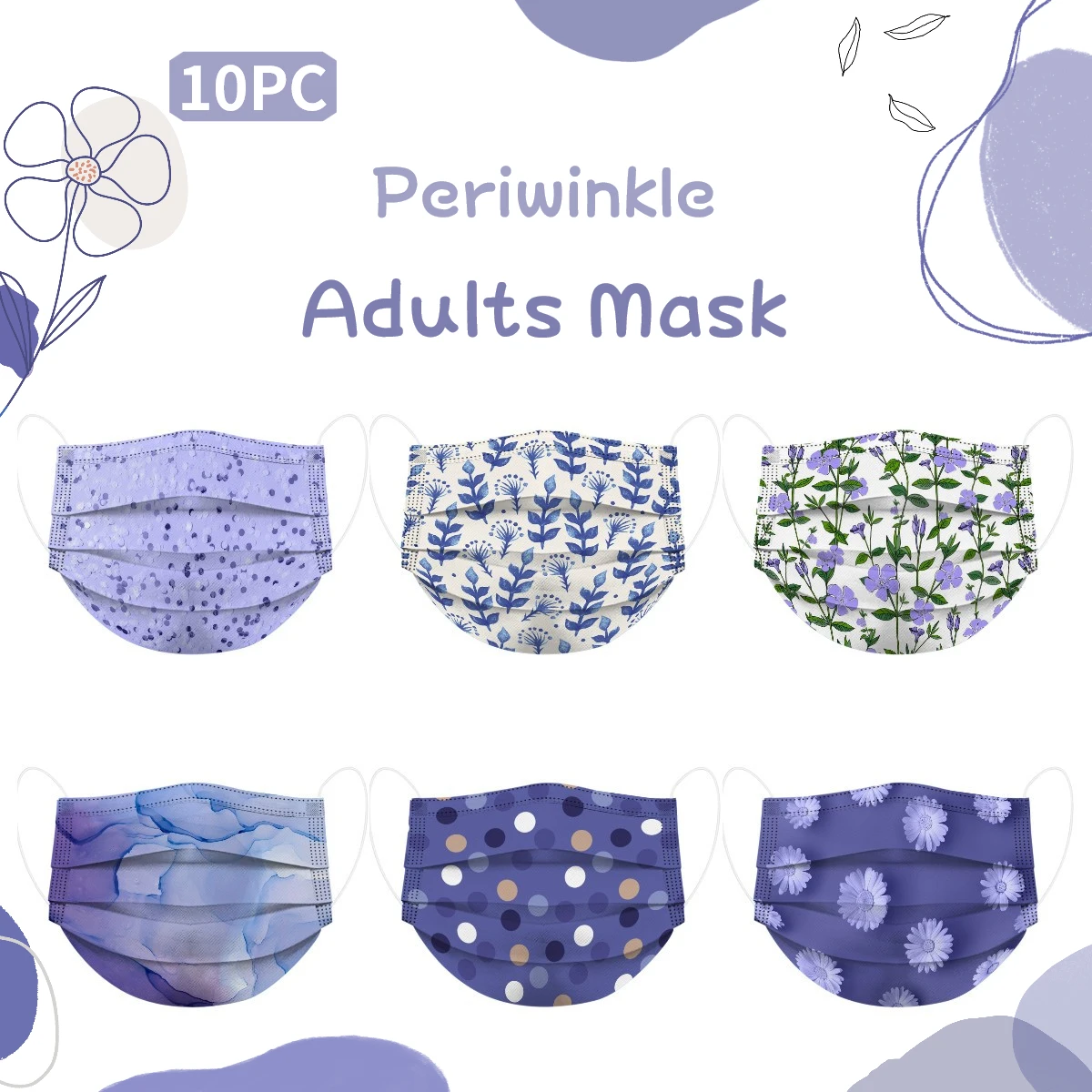 

10pc Disposable Adults Mask Periwinkle Blue 2022 Popular Color Mouth Cover Facemask Flowers Masks Mascarillas Halloween Cosplay