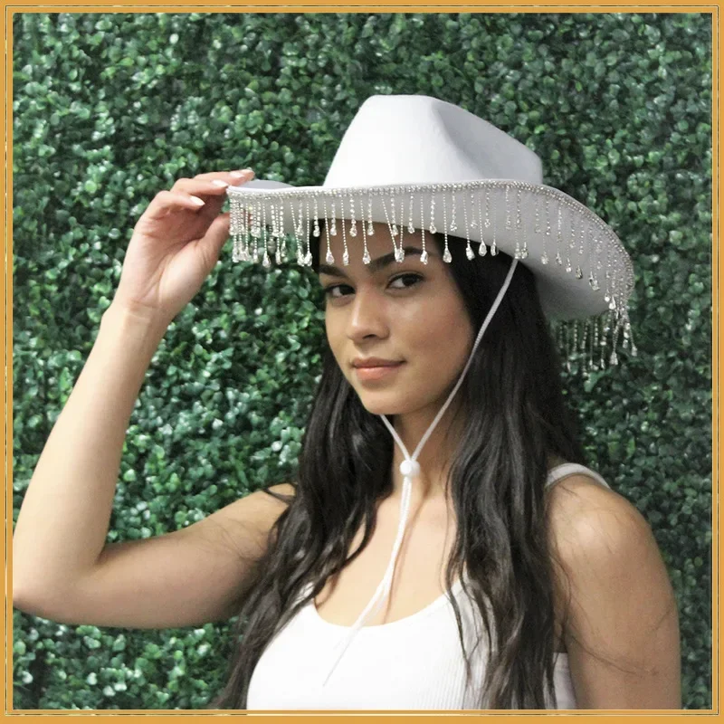 

Rhinestone Fringe Western Cowboy Hat Tiara Cowgirl Hat Western Style Girl Wide Brim Felt Cowgirl Cap Costume Cosplay Party Hats