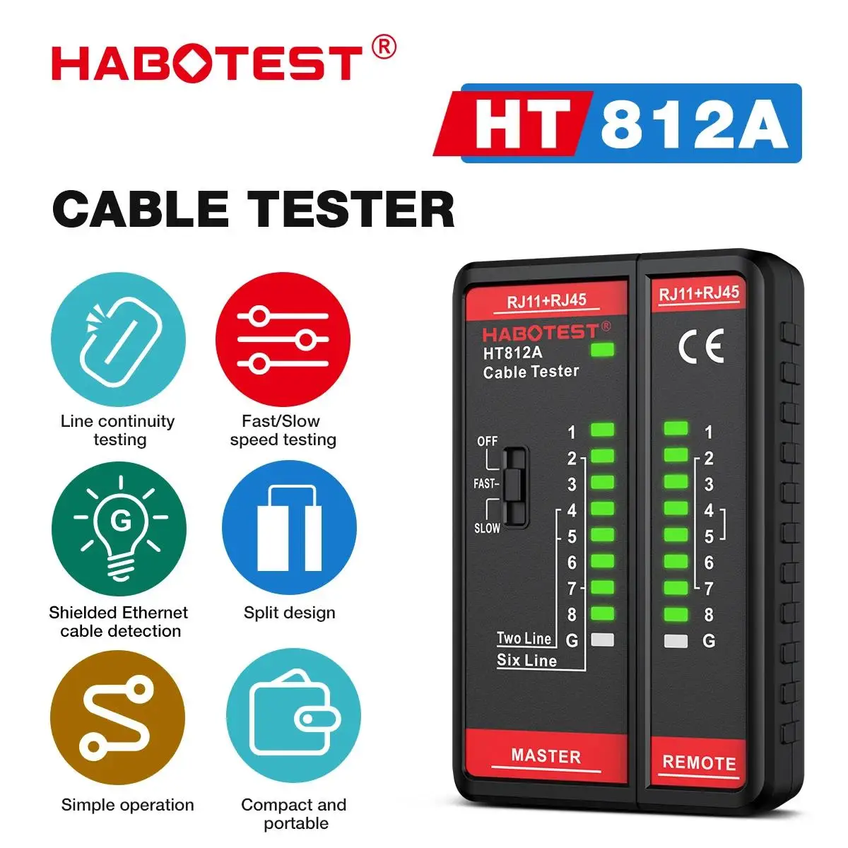 HABOTEST Network Cable Tester HT812A, RJ11 RJ45 dual use tester LED status display NC HDMI repair