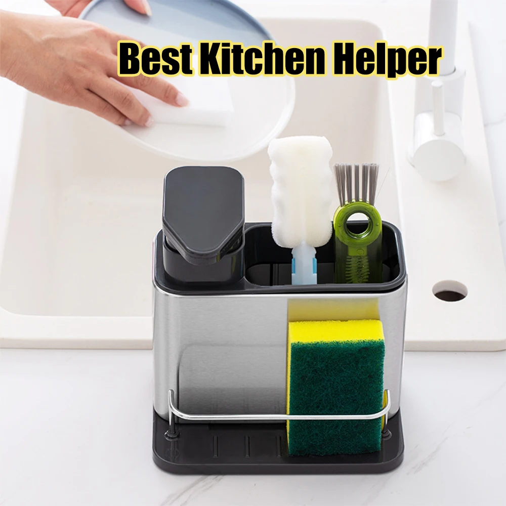 3-in-1 Kitchen Soap Dispenser Sponge Holder Dish Soap Dispenser Stainless Steel Sink Organizer Tray Rustproof Drainer Rack soap dispenser