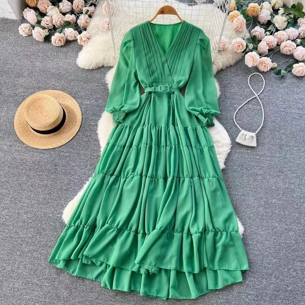 

2023 New Spring Summer Green Chiffon Dress Elegant Women V Neck Lantern Sleeve High Waist Holiday Ball Gown Long Belt Vestidos