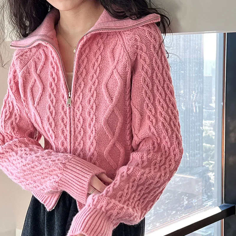 

Sweet Double Zippered Lapel Knitted Cardigan for Women's Autumn and Winter New Long Sleeve Loose Sweater Jackets Fashion Coat