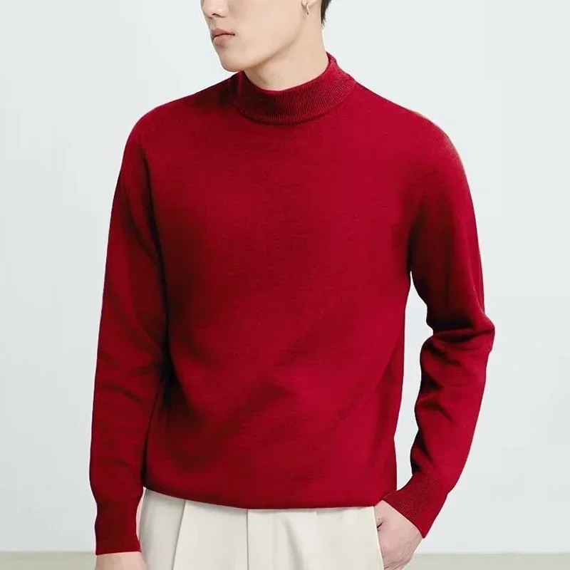 Men Comfortable Knitted Sweaters Colorful Pullovers Half High Collar Slim Fit Long Sleeve Clothes