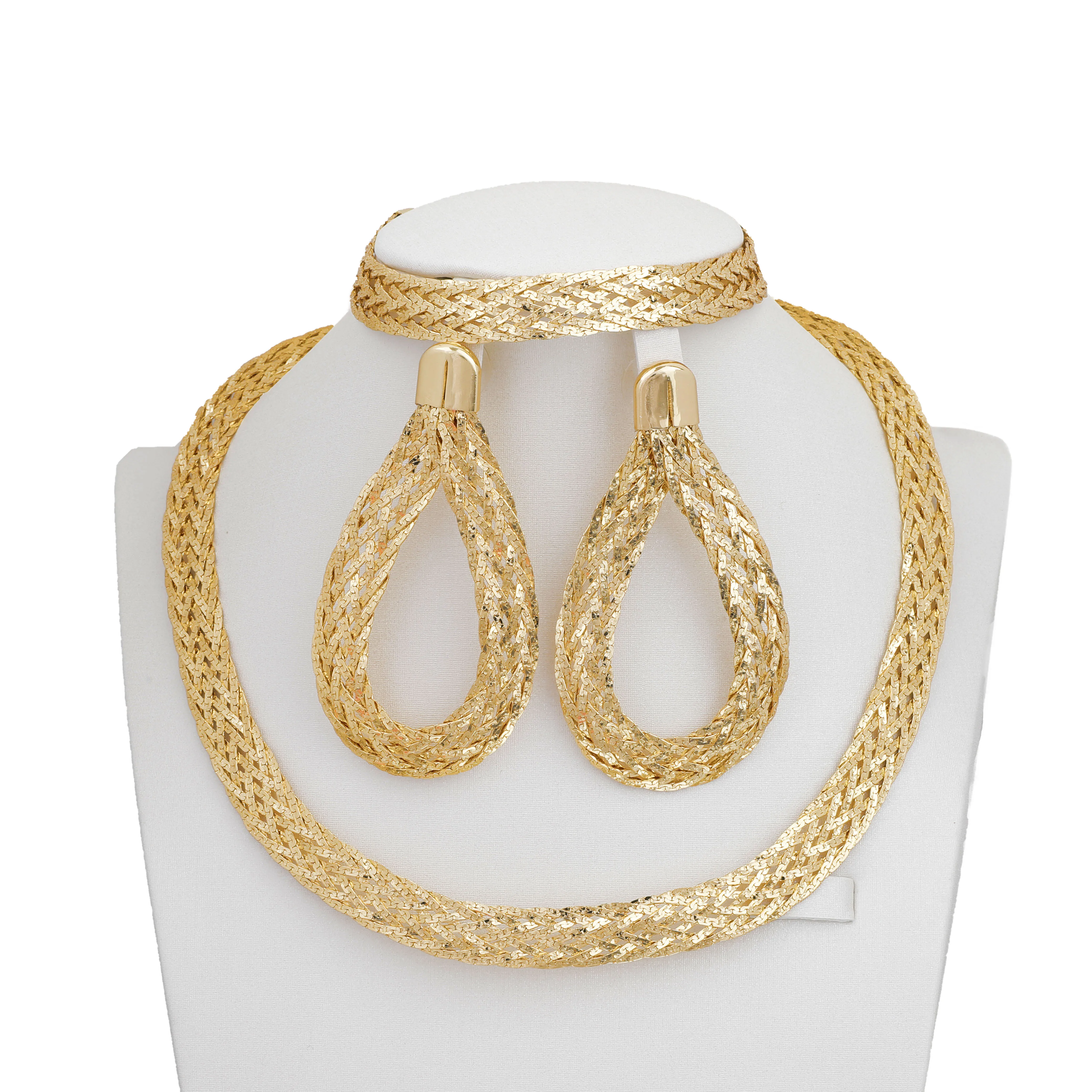 

Dubai Gold Color Jewelry Set Necklace Earings Bracelet Set African Bride Jewelry For Women Wedding Party Gifts