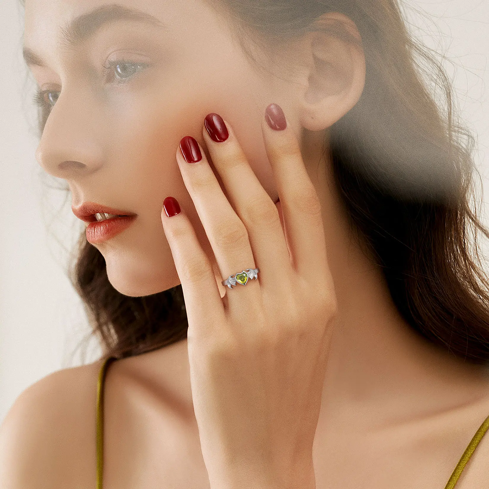 U7 925 Sterling Silver Wings Ring with Heart Shape Birthstone Adjustable Size Stylish Chic Woman Daily Jewelry Best Gift for Her