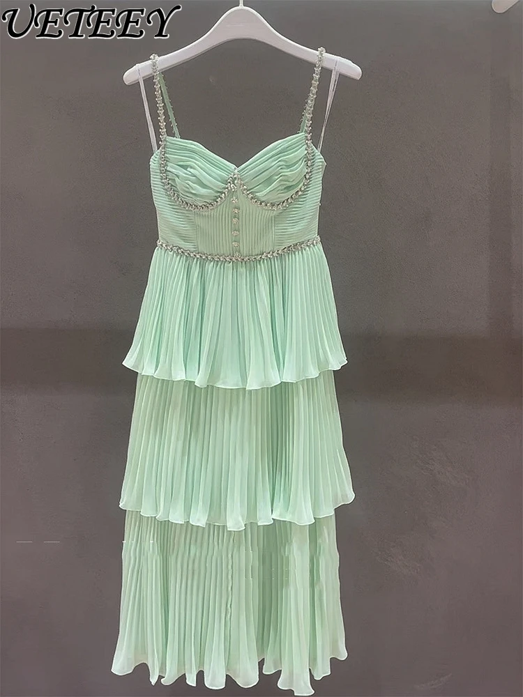 

European Goods Design Layering Summer New Hepburn Style Tube Top Dress Slimming Stunning Exquisite Rhinestone Strap Dresses