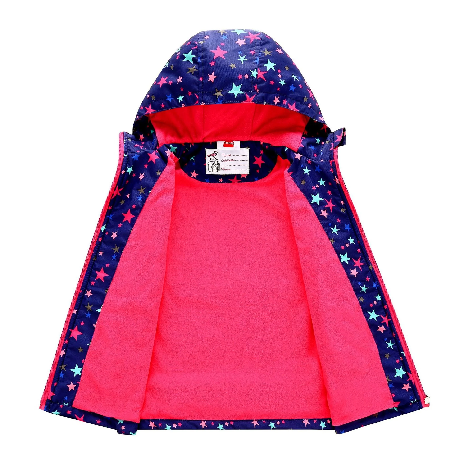 

Fleece Brand Waterproof Stars Print Padded Baby Girls Coats Hooded Full Zip Children Outerwear Kids Outfits Jackets 3-12 Years