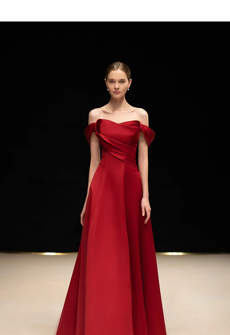 

Real Images Off The shoulder Red Satin Ruffles Customn-Made Pleated Evening Party Dresses